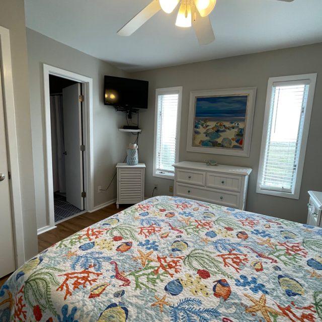 Bedroom with sea-themed bedding, dresser, wall art, TV, ceiling fan, and two windows letting in natural light.