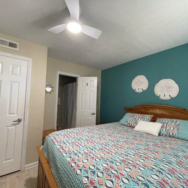 Bedroom with teal accent wall, king bed with patterned bedding, two white wall decorations, and two doors.