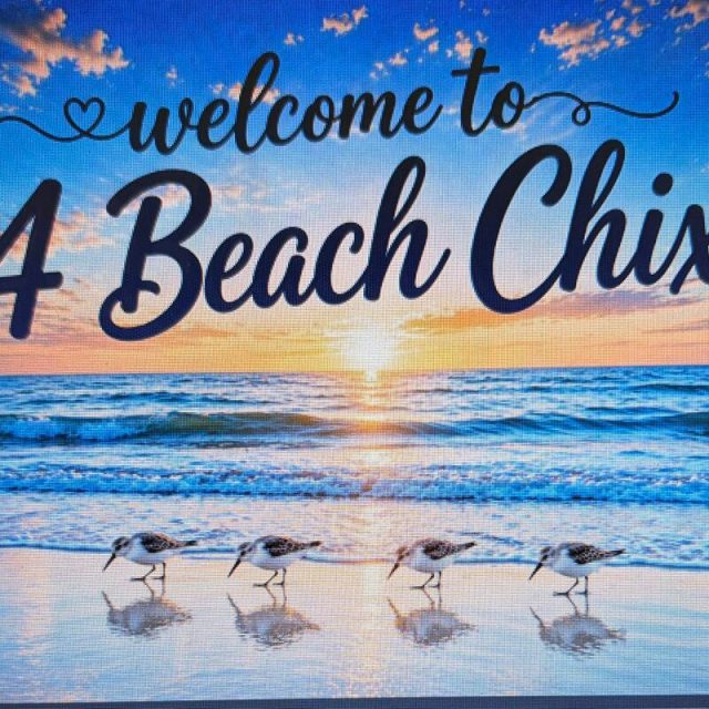 Sunrise on the beach with four birds and the text “welcome to 4 Beach Chix” over the ocean and sky.