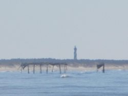 A distant lighthouse stands on the shore behind a broken, partially submerged pier in the water.