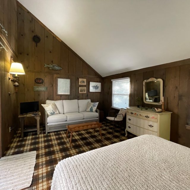 Bedroom with wood-paneled walls, plaid carpet, sofa, dresser, windows with blinds, and a bed in the foreground.