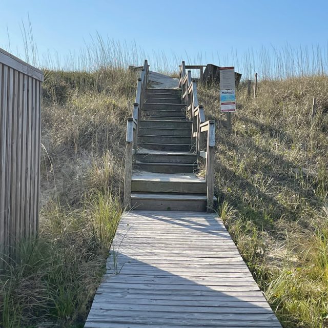 Wooden boardwalk and stairs lead up a grassy sand dune under a clear blue sky, with signs posted at the top.