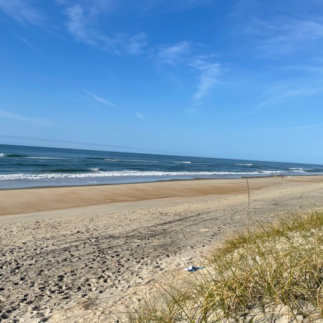 Sandy beach with footprints, gentle waves, and blue sky; some grass in the foreground and a few people in the distance.