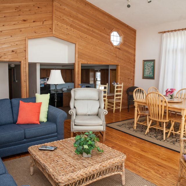 Open living and dining area with a blue sofa, wicker furniture, wooden dining set, and wood-paneled walls.