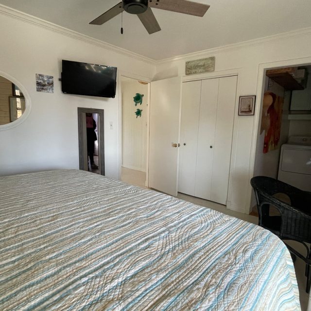 Bedroom with a bed, TV, ceiling fan, white closet doors, wicker chair, and a glimpse of a laundry area.