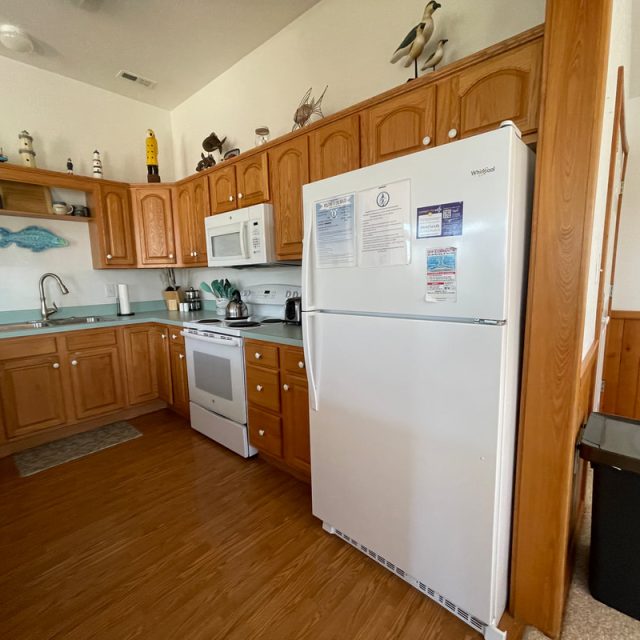 Kitchen with wood cabinets, white appliances, a coffee maker, and decorative seabird figurines on top of the cabinets.