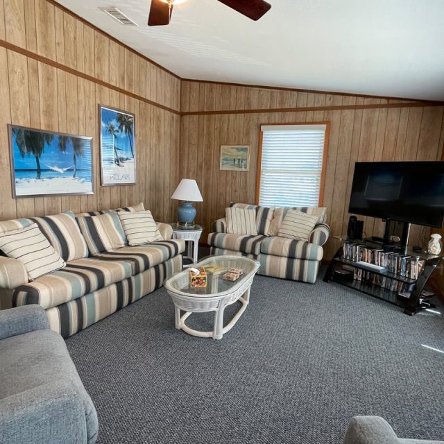 Living room with striped sofas, glass coffee table, large TV on stand, wood-paneled walls, and carpeted floor.