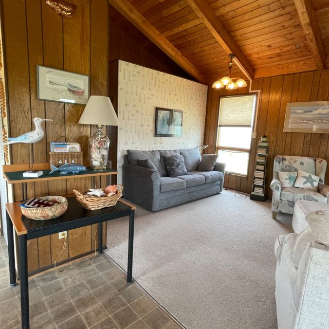 Cozy living room with wood paneling, gray sofa, armchair, lamps, and coastal-themed decor beside a small kitchen area.