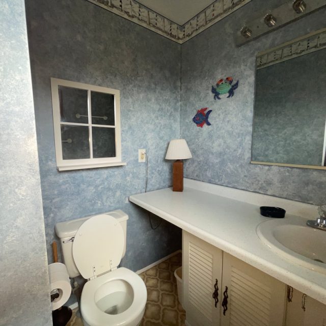 Small bathroom with blue walls, a toilet, sink, countertop, lamp, mirror, and crab wall decor.