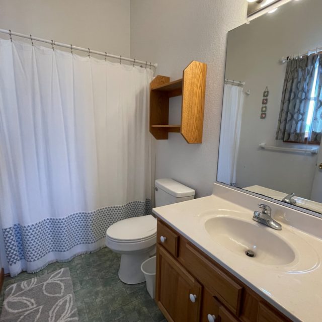 Bathroom with a shower curtain, toilet, wooden shelving, vanity with sink, mirror, and window with patterned curtain.