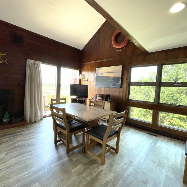 Dining table with four chairs in a wood-paneled room, large windows, and a TV on a stand near a sliding glass door.