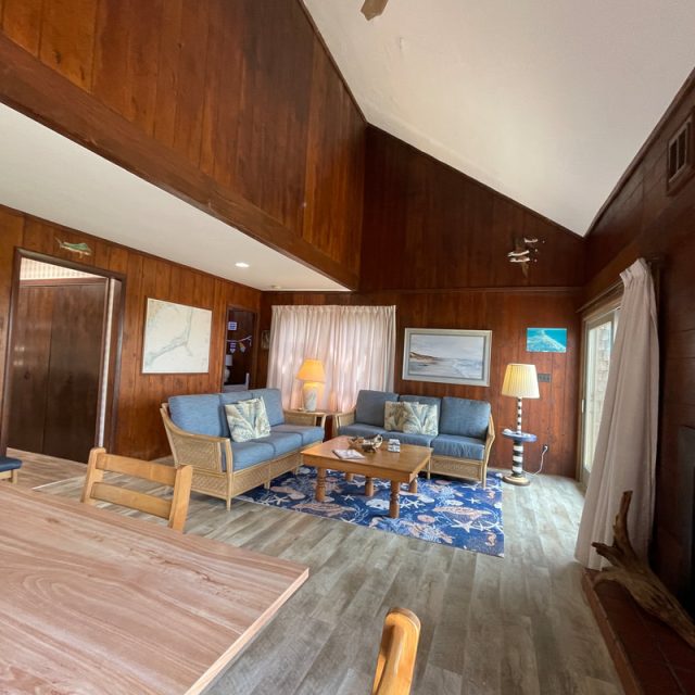 Wood-paneled living room with blue sofas, a patterned rug, wall art, and large windows letting in natural light.