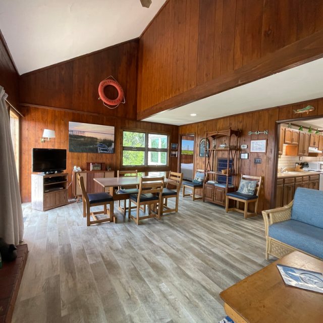 Wood-paneled living room with dining table, chairs, TV, and view into a kitchen; natural light from windows.