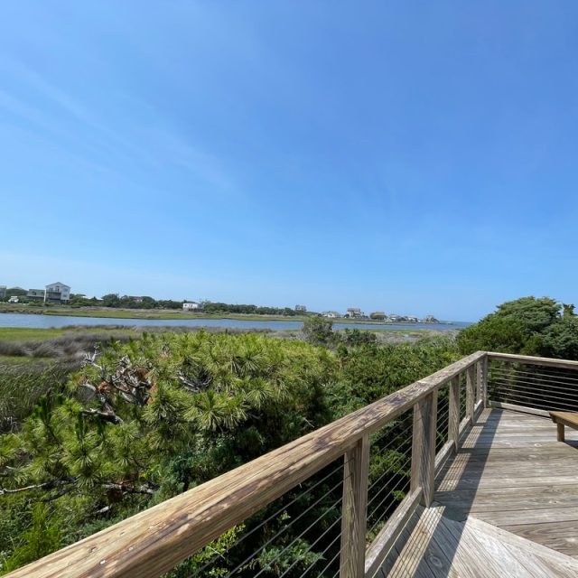 Wooden boardwalk overlooks grassy wetlands, shrubs, and distant houses under a clear blue sky.