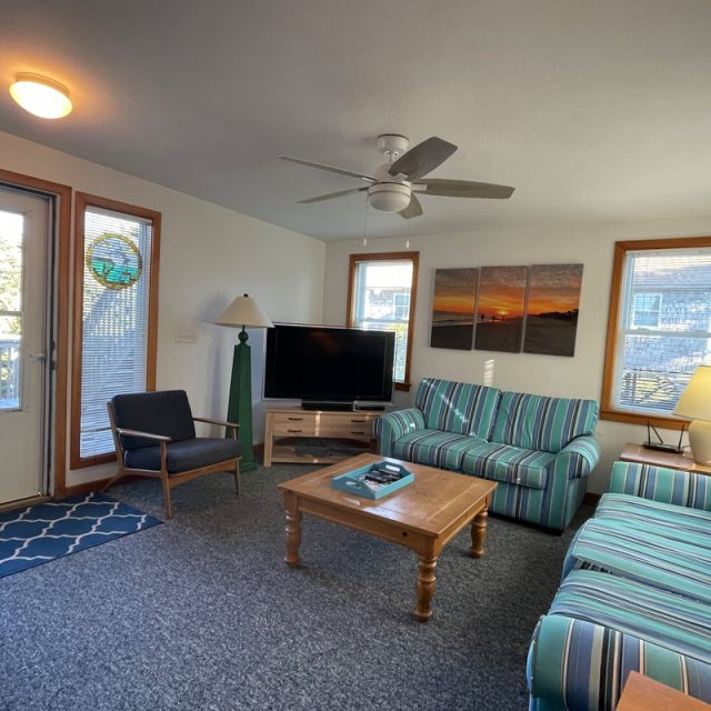 Bright living room with striped sofas, a TV, coffee table, windows, and door leading to a balcony.