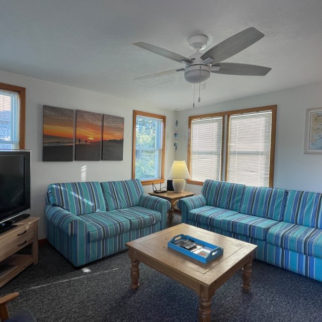 Living room with two striped sofas, a TV, a ceiling fan, a coffee table, and framed art on the walls.