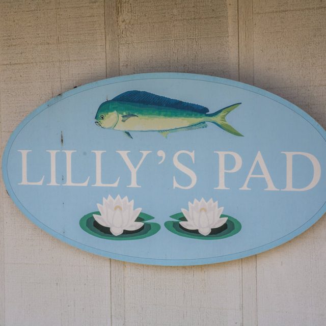 Oval sign reading “LILLY’S PAD” with a fish and two water lilies on a light blue background, mounted on a wall.