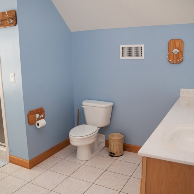 Blue bathroom with a toilet, double sink vanity, shower, towel ring, and small wastebasket on tiled floor.